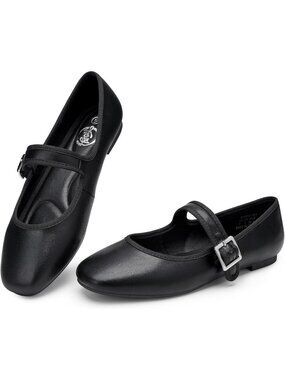 〽️Women's Mary Jane Flats Black Casual Dressy Square Toe Adjustable Buckle Strap